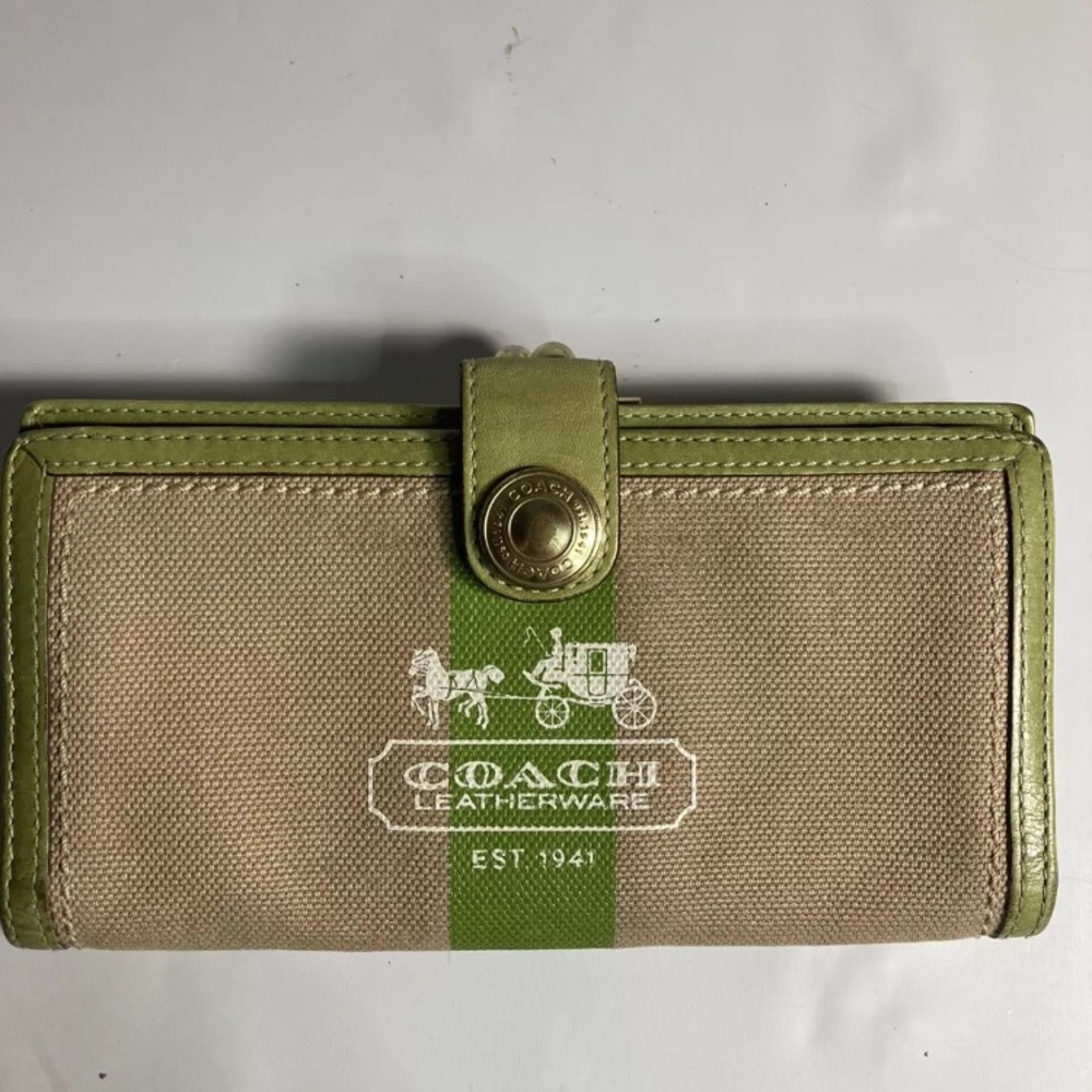 Coach green fabric leather Kisslock wallet.